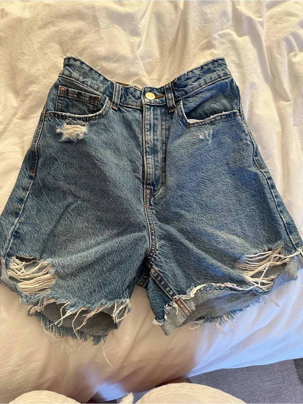 Zara Distressed Light Blue High-Waist Denim Shorts